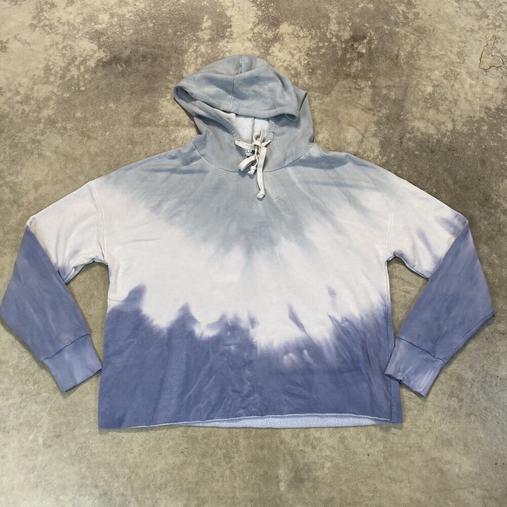 Wildfox Sweatshirt Womens Large Blue White Raw Hem Crop Hoodie Chevron Tie Dye
